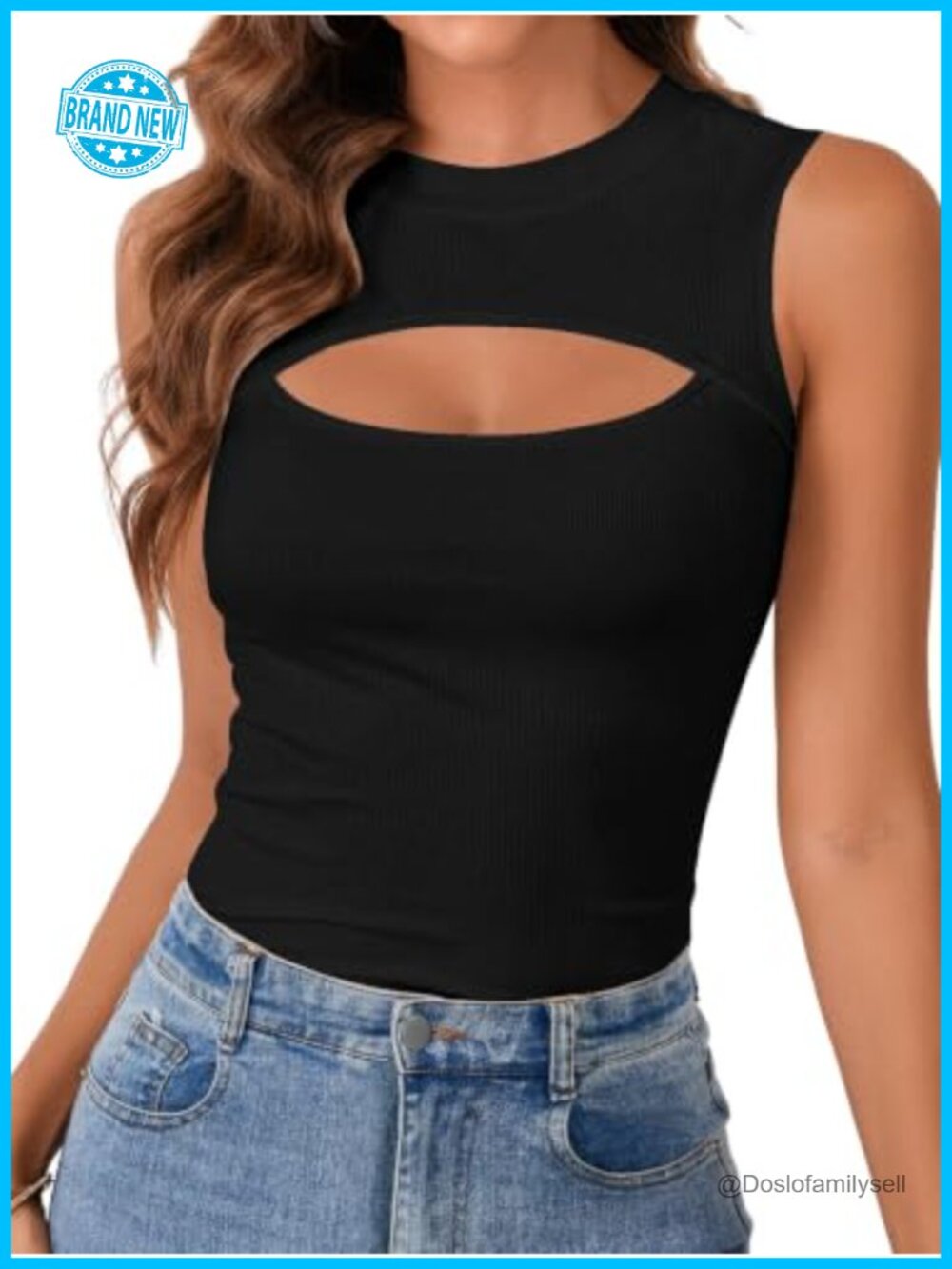 Vrtige Women's Cut Out Front Crew Neck Tank Top Sleeveless Ribbed Knit